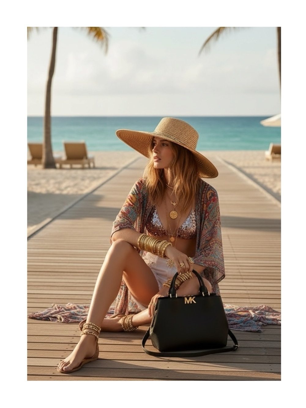 Michael Kors ✿ Florence Medium Saffiano Leather Satchel Handbag ✿ Black Gold MK - Picture 15 of 16